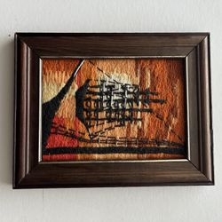 Vintage small artwork "Tall Ships at Sunset" handmade textile piece, 9”x7”, 1970s.