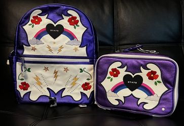 NWT State Bags Kane Kids Double Pocket Backpack Metallic Cowgirl Purple&Lunchbag