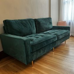 Green Felt Tufted Couch (with pillows and ottoman)