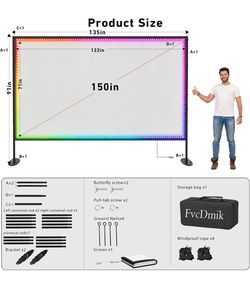 150 inch Projector Screen with Stand, USB String Lights Connection 16:9 4K HD Portable Movie Screen Indoor Outdoor,Wrinkle-Free Foldable Projection Sc