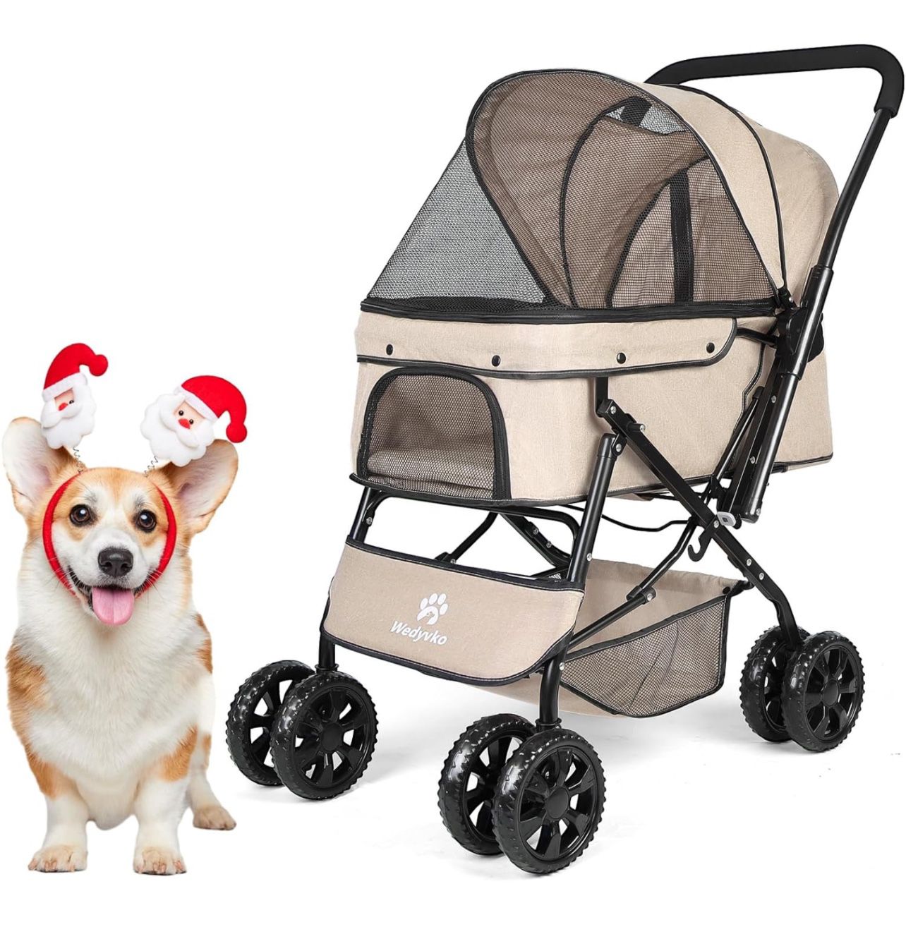 Medium Dog Stroller 50lb - Pets Stroller for Medium Dogs with Reversible Handlebar, 360 Front Wheel 2 Security Leashes Khaki