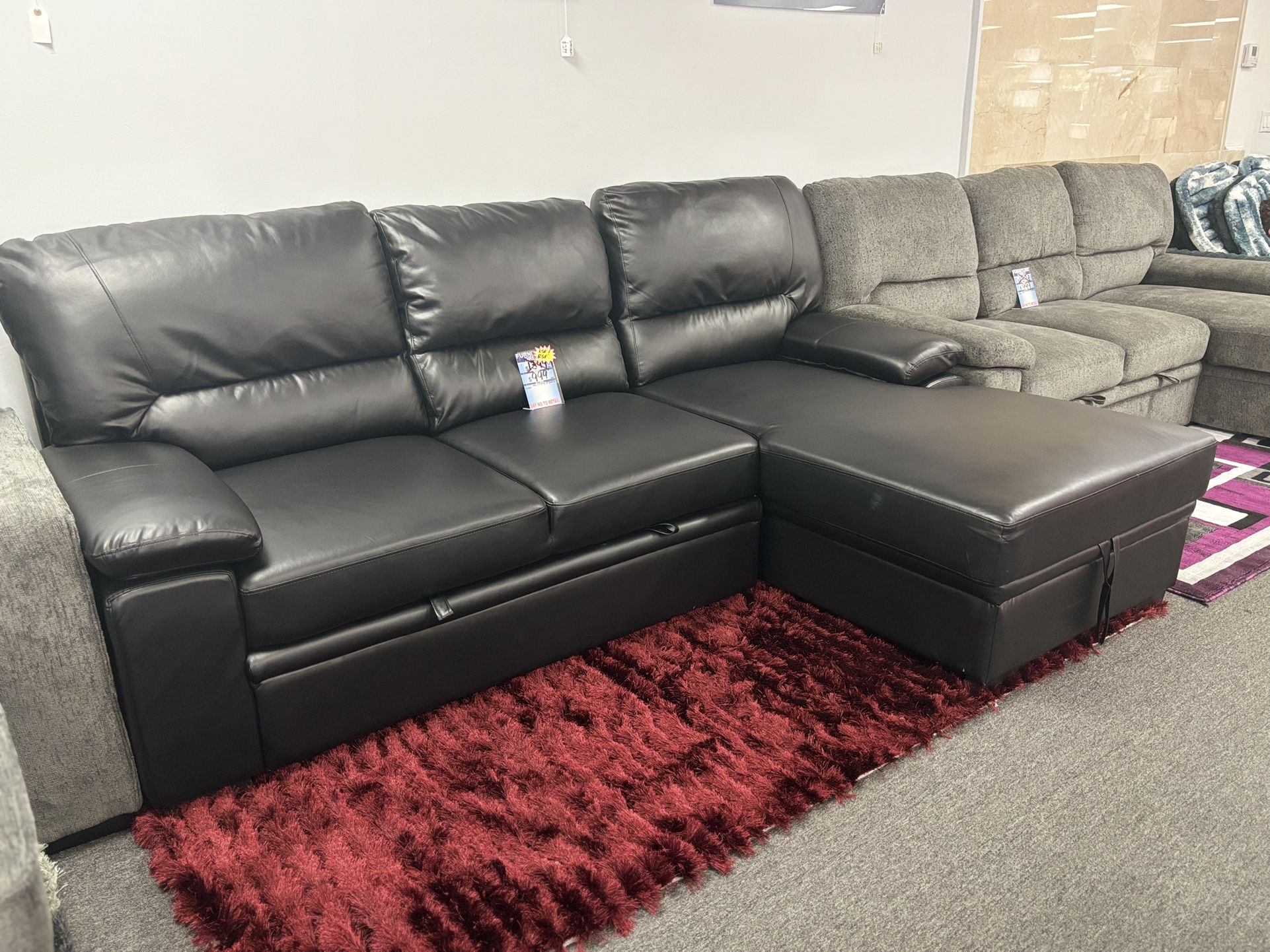 Black Gel Leather Sleeper Sectional Couch For Sale ( Brand New Labor Day Sale Now)