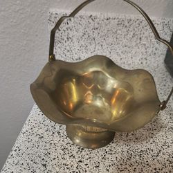 Vintage Mid-Century Ruffled Brass Pedestal Dish with Swinging Handle | Hollywood Regency Nut/Candy Bowl