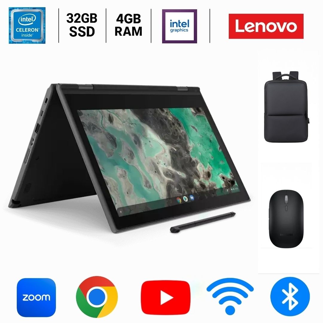 Lenovo Chromebook x360 HD Touch (2-in-1), 4GB RAM, 32GB SSD, Touch Pen and Charger + Free Gifts