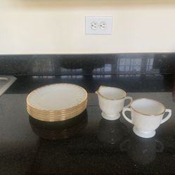 Vintage Fire King Milk Glass and Gold Set of 6 Plates with Sugar and Creamer