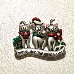 KC Signed💥Rare Find💥”Friends are the Greatest Gift” Silver Cat Brooch 