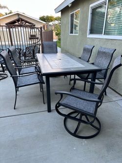 🔥New Costco 7-Piece Outdoor Tile Top Dining Set with 6 Sling Chairs