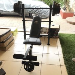 Gym Equipment Adjustable Bench press, barbell, leg developer and 100lbs of weight