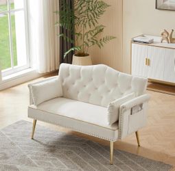 Cream Velvet Tufted Loveseat with Gold Legs