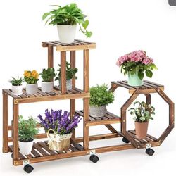 Giantex Rolling Wooden Plant Stand, 6-Tier Plant Shelf for 8 Pots, Lockable & Detachable Wheels, Plant Display Storage Rack Flowerpot Holder for Balco