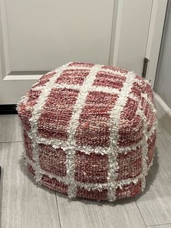 Pink and White Checkered Pouf Ottoman