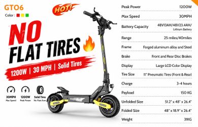 1200W Electric Scooter | 30MPH | Solid Tires