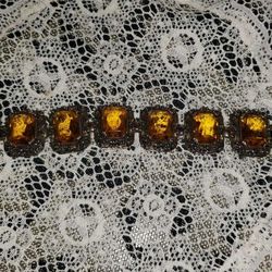 VINTAGE ART DECO ART NOUVEAU CZECH CZECHOSLOVAKIAN BOHEMIAN AMBER GLASS FILIGREE BEADED BRACELET