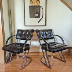 Vintage Postmodern Chrome & Black Leather Pair of Cantilever Z Chairs