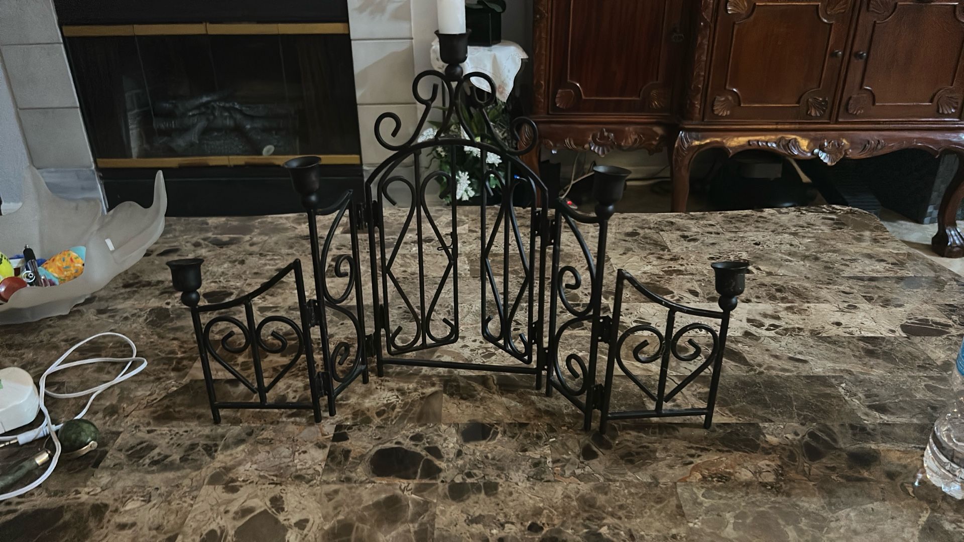 Vintage iron candelabra, Vintage wrought iron gate style candle holders, 5 arm iron Spanish Revival style candle holder, unique candelabra