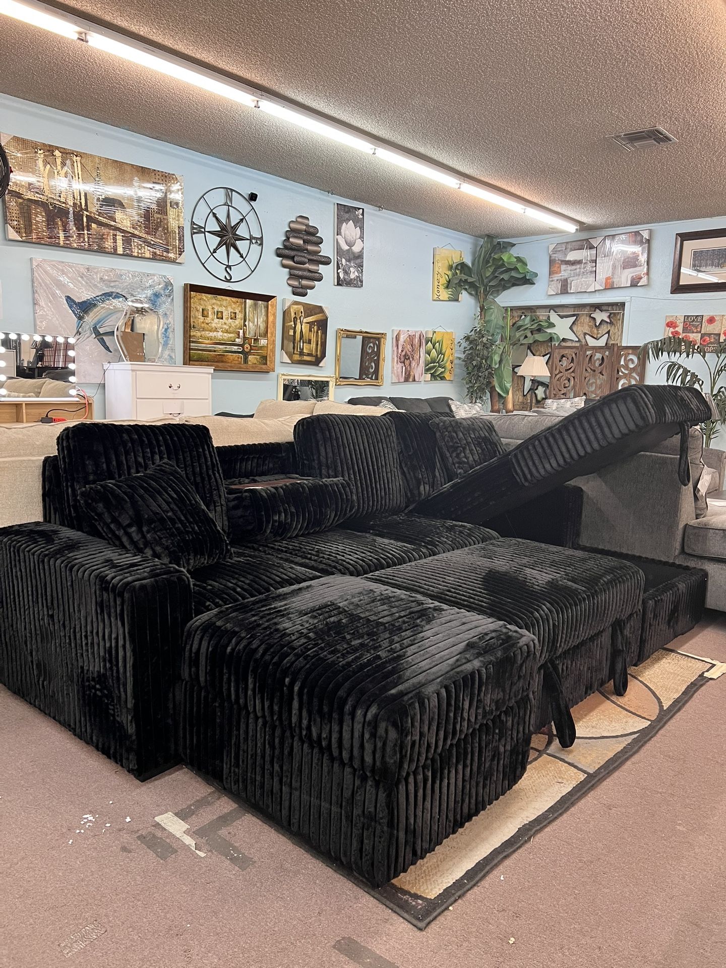 🥳Flash Deal🥳 Brand New 4pc Pull up Sectional Couch With Cup Holder & Storage Chaise $1299, Finance Available, Delivery Available