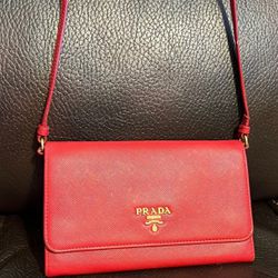 Prada logo monogram Saffiano leather flap wallet crossbody bag