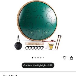 Steel Tongue Drum - HOPWELL 15 Note 14 Inch Tongue Drum - Hand Pan Drums with Music Book, Steel Handpan Drum Mallets and Carry Bag, D Major (Green)