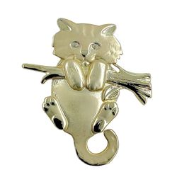 1980s AJC Unisex Brooch Pin, in, Cat Hanging on Branch, Gold Tone Metal, Casted