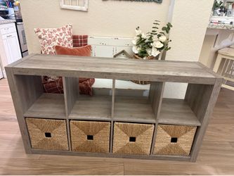 Ikea Kallax 8 cube storage shelf with Knipsa Wicker Cube Storage Bins