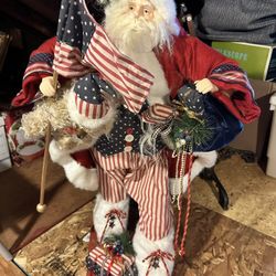 Vintage Patriotic  Santa with Wood Base