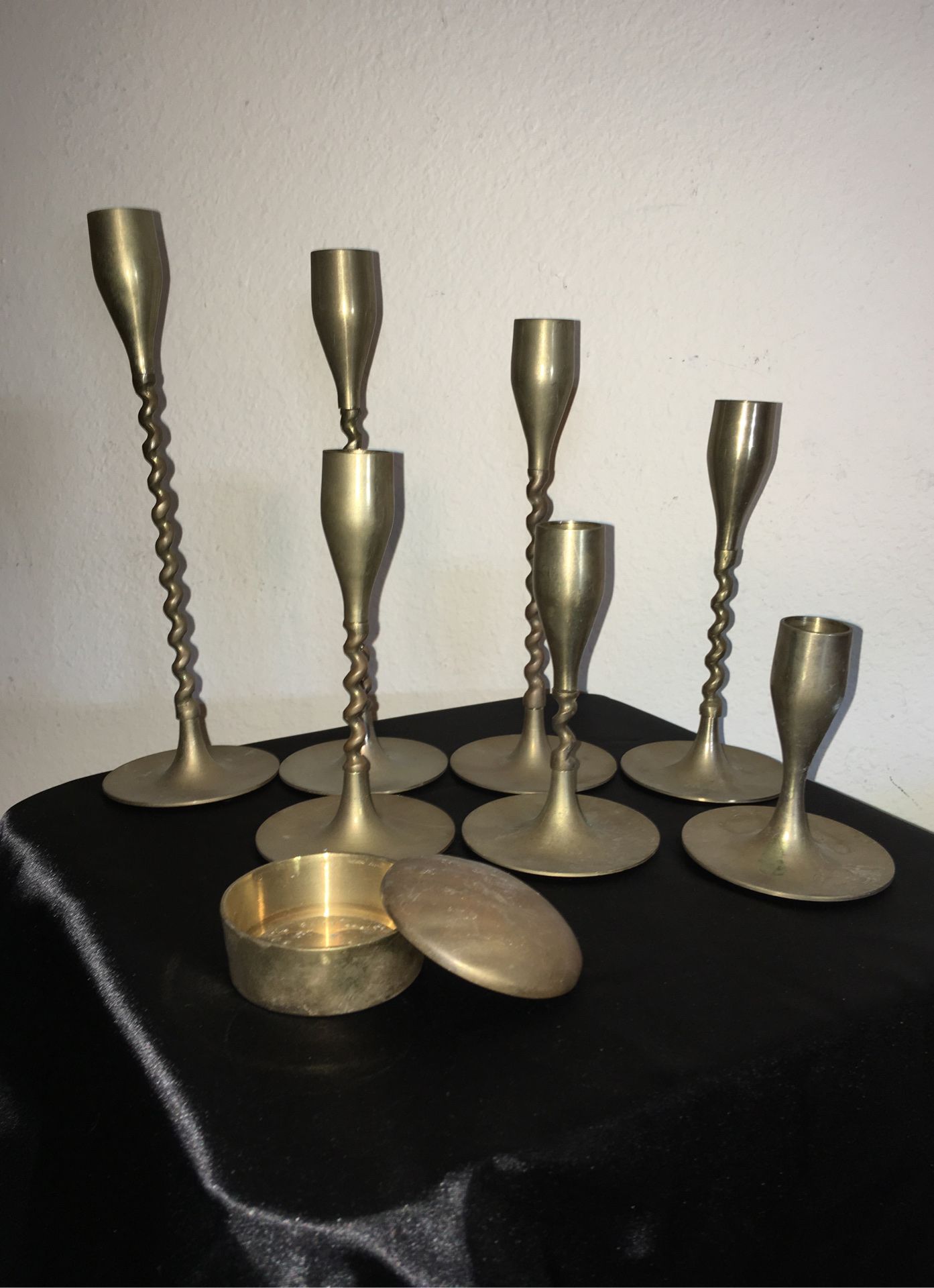 Brass Candlestick holders and brass container with cover