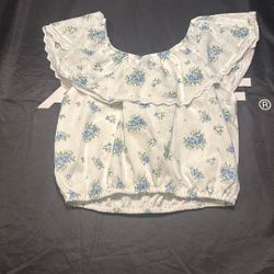 Floral Off-Shoulder Crop Top – Blue/White 
