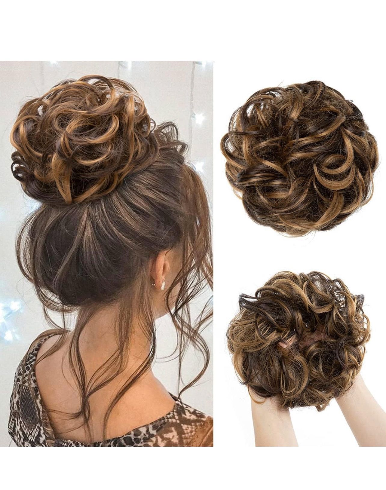 Large Messy Bun Hair Piece Wavy Curly Scrunchies Synthetic Chignon Ponytail Hair Extensions Thick Updo Hairpieces for Women Dark Brown/Golden Blonde 