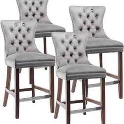 Virabit Set of 4 Velvet Bar Stools with 27 Inch Wing Back with Back Button and Nail Head Trim, Upholstered Bar Chairs with Wooden Legs, for Kitchen,