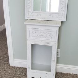 Small White Shabby Chic Storage Cabinet and Mirror