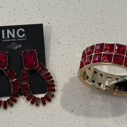 2 NEW Beautiful Pieces Of Gold Tone $ Red Stone Jewelry -- Double Cuff Bracelet & Open Drop Earrings