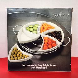 Godinger 6 Section Porcelain Relish Server New