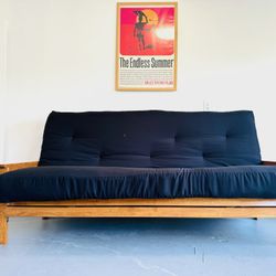 Wood Frame Futon With New Queen Size Mattress 