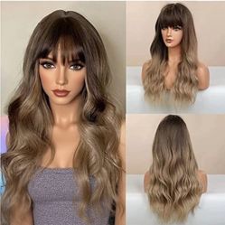 Heat Resistant Wig 24" Silky Soft Natural Looking Synthetic Wig Brown With Blonde Ombre Wavy Soft Curls