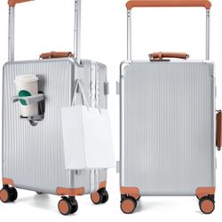 feilario 20'' Aluminum  Carry On Luggage - Double Spinner Wheels Luxury with TSA Lock & Cup Holder