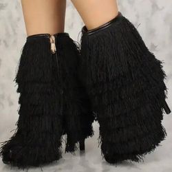 SEXY BLACK OPEN TOE MID CALF TASSEL HIGH HEELS BOOT