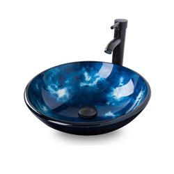 YOURLITE Bathroom Vessel Sink, Bowl Sink for Bathroom with Faucet, Glass Sink with Pop up Drain Set, Nebulas Blue