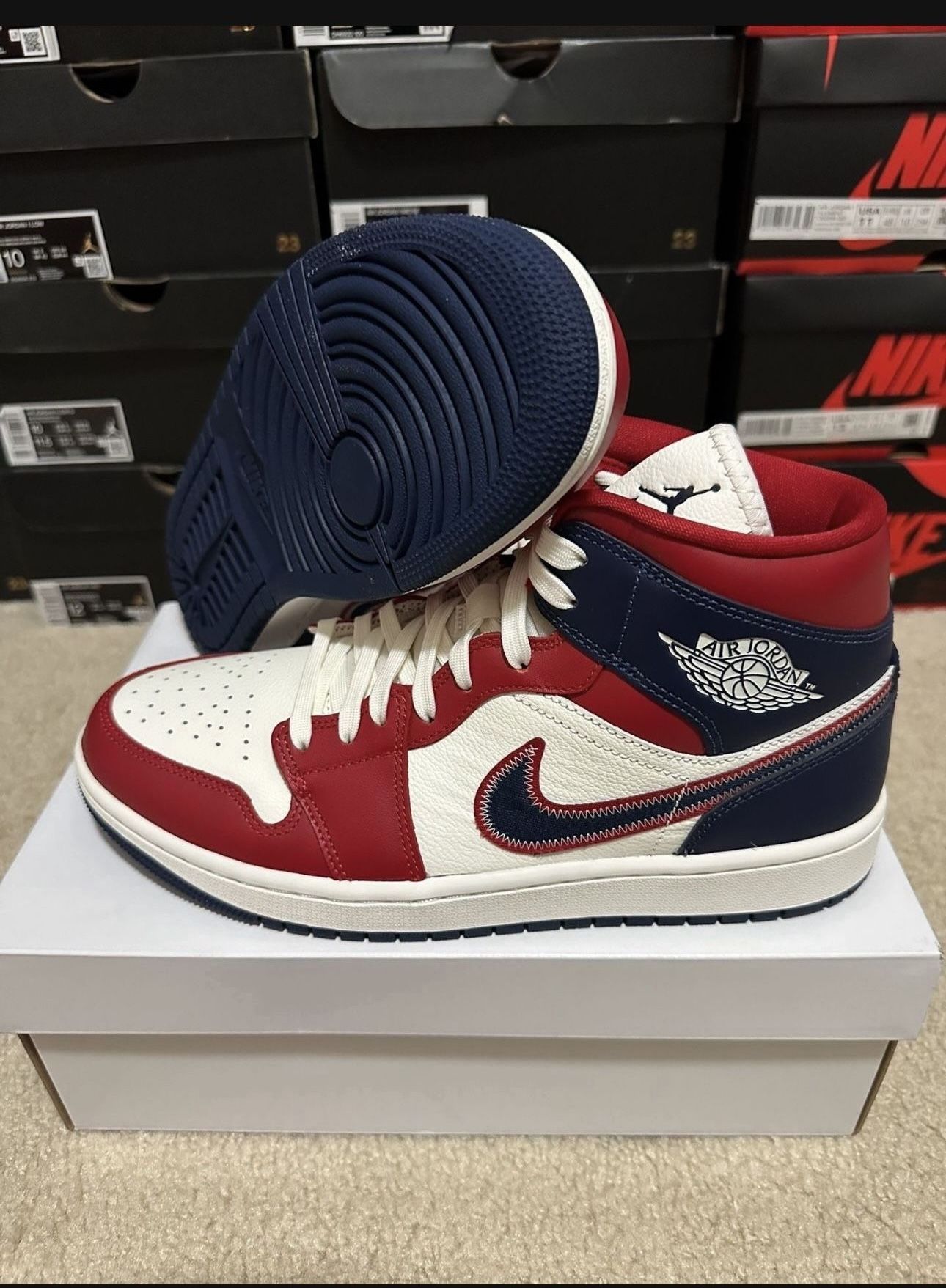 Nike Air Jordan 1 Mid Gym Red Sail White Blue DQ7648-600 Womens Size 10.5/ 9 Mens Brand New