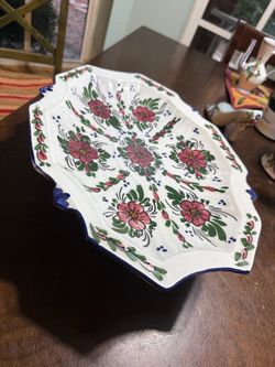 Hand-Painted Portugal Pedestal Platter – Majolica Style Floral Cake Stand / Centerpiece – 14"