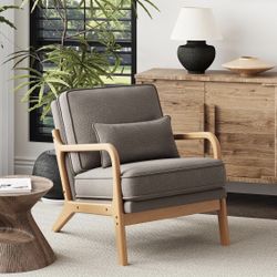 Gray Accent Chair with Solid Wood Frame, Mid-Century Relaxing Armchair Lumbar Pillow - Brand New in Box 