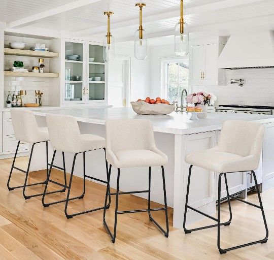 26 Inch Bar Stools Set of 4, Linen Upholstered Barstools, Counter Height Bar Stools with Back, Comfortable Bar Chairs, Modern Counter Stools for Kitch