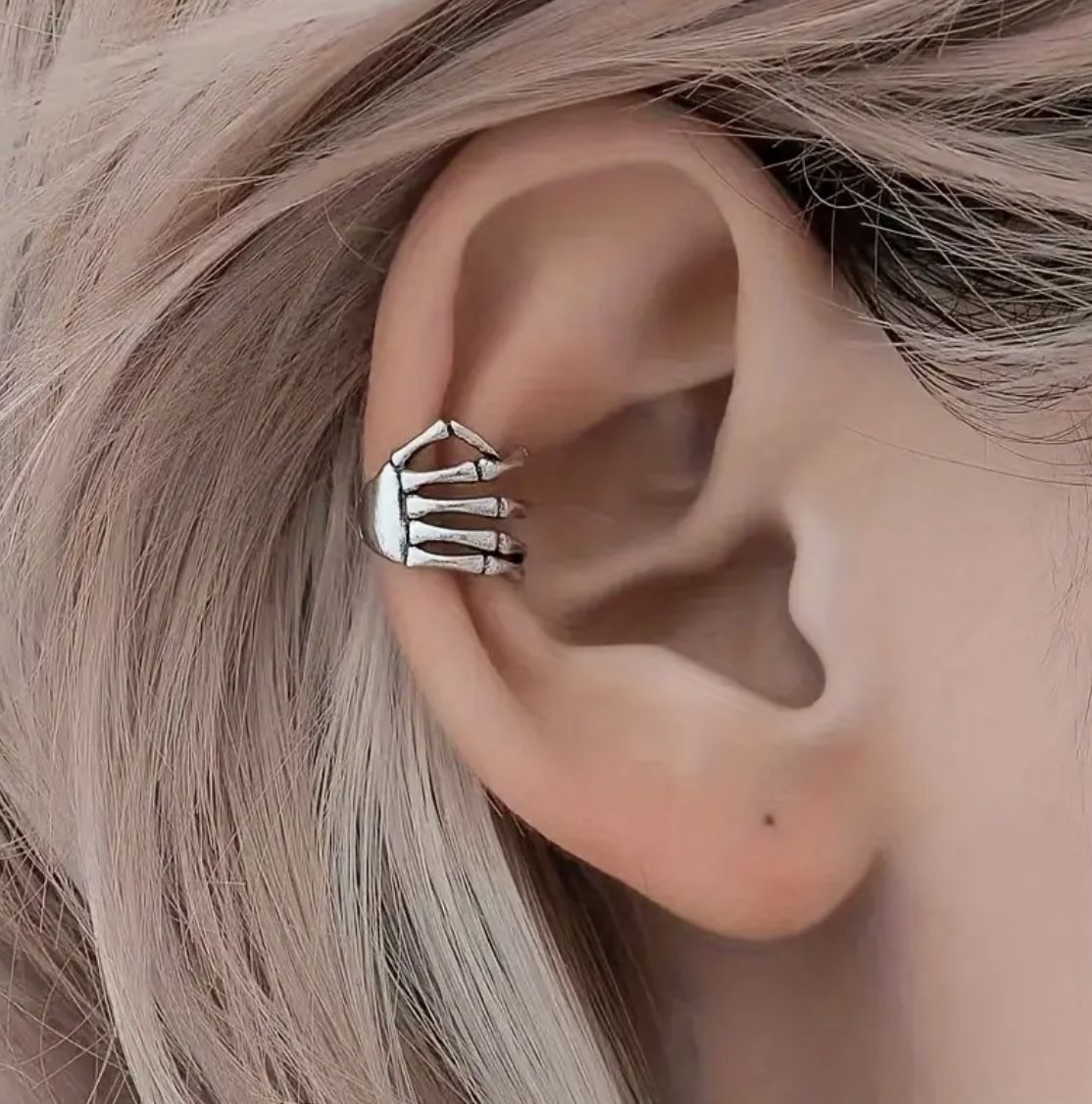 Brand New Silver Toned Skeleton Hand Cuff Clip-On Earrings