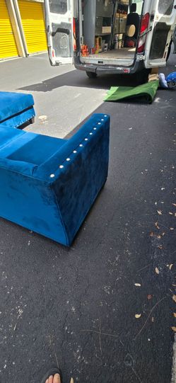 Stunning Royal Blue Velvet L-Shape Sectional with Nailhead Trim