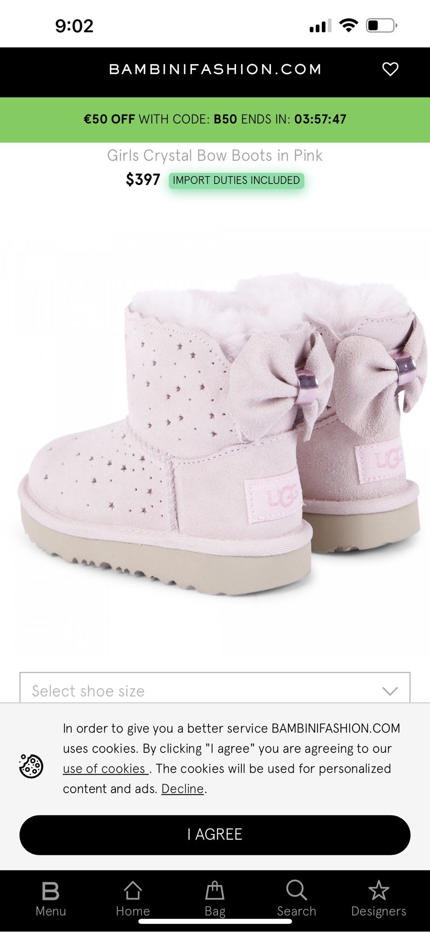 UGG Girls Crystal Bow Boots in Pink Size 6