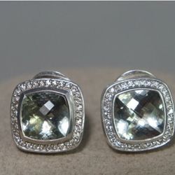 David Yurman 925 Silver Diamond Halo Large PRASIOLITE Omega Post ALBION Earrings