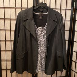 Charcoal grey suit jacket is available but the grey lace blouse is Sold