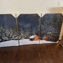 Winter Canvas Wall Art Set 3, Red Cabin Snowy Forest 