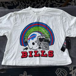 Junk Food Clothing Women’s Buffalo Bills White Cropped Tee with Blue & Red Graphics
