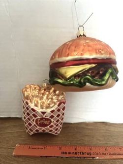 Vtg Lg. Mercury Glass Hamburger & French Fries Christmas Tree Ornament