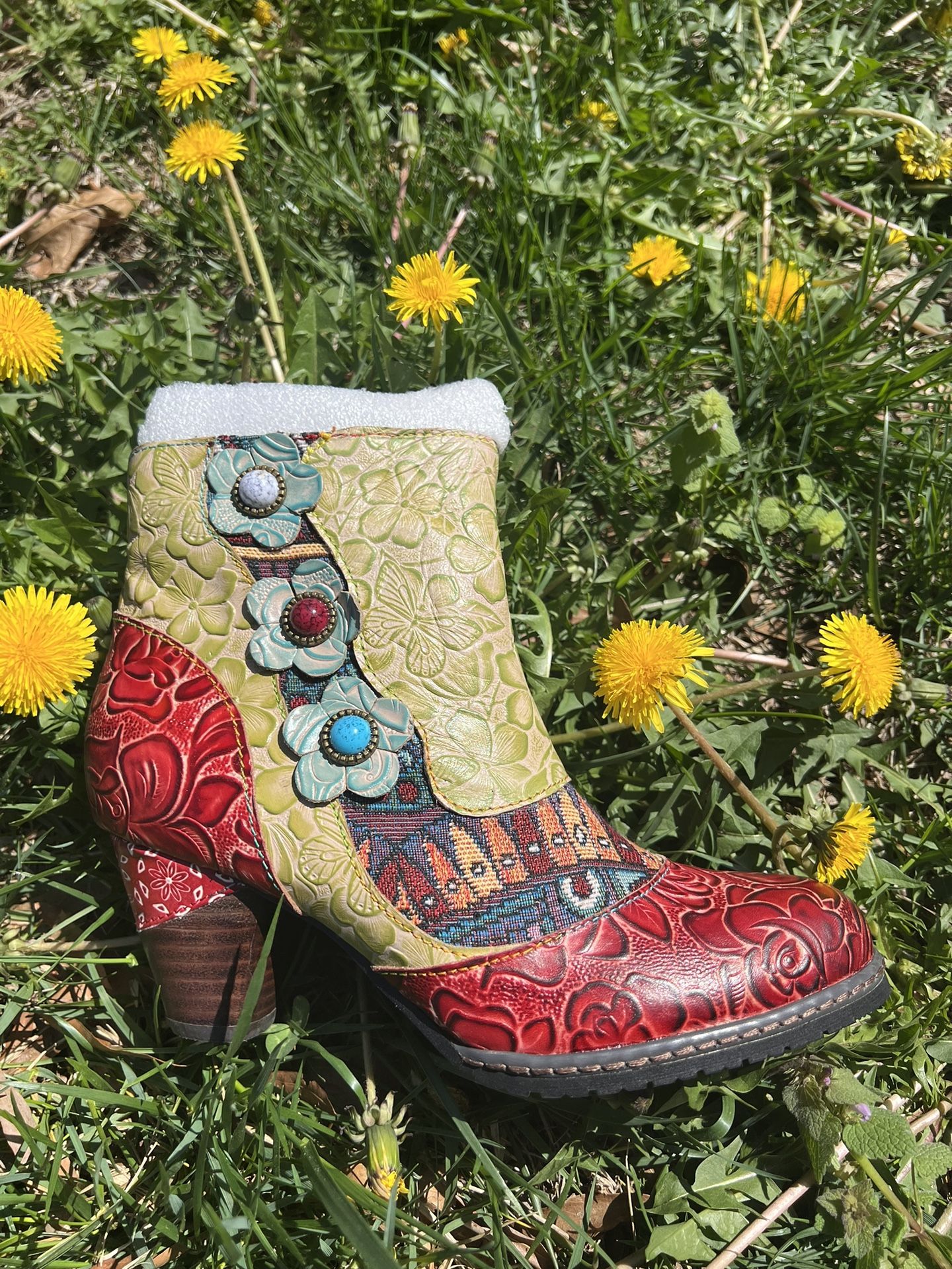 Luxury Handmade Boho Floral Leather Ankle Boots – Artistic Statement Piece